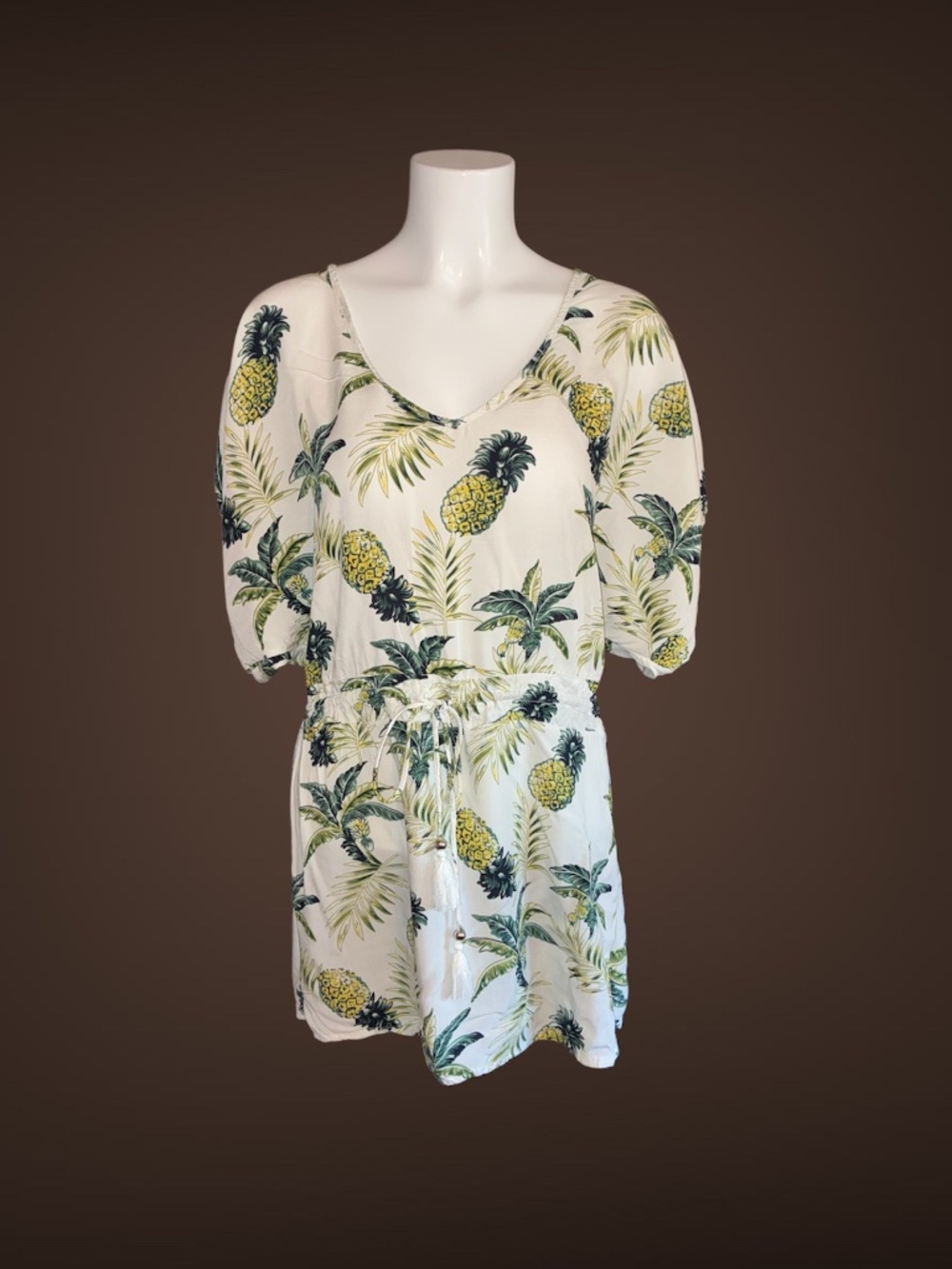 Women's Blue Island White, Green, & Yellow Pineapple Print Tunic/Cover Up, Small